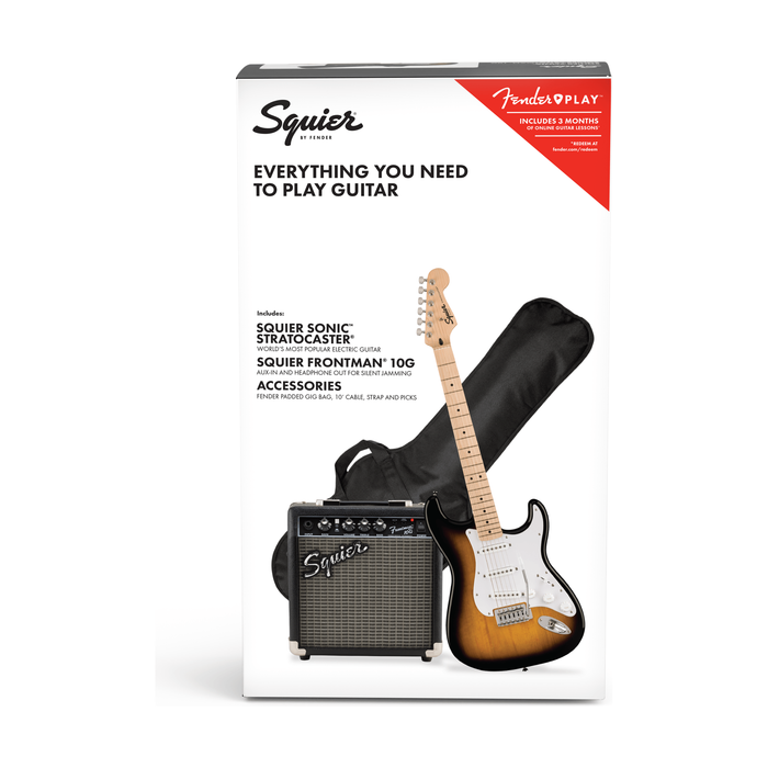 Squier Sonic Stratocaster® Pack, Maple Fingerboard, 2 Color Sunburst, Gig Bag, 10G - 120V