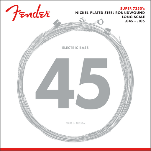 Fender Bass Strings, Nickel Plated Steel, Long Scale, 7250M .045-.105 Gauges, (4)