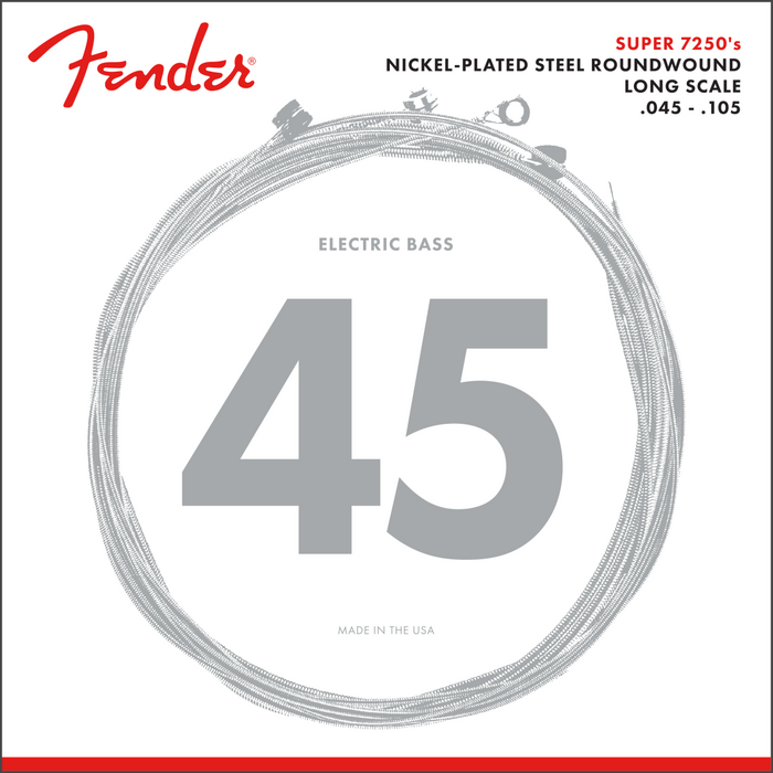 Fender Bass Strings, Nickel Plated Steel, Long Scale, 7250M .045-.105 Gauges, (4)