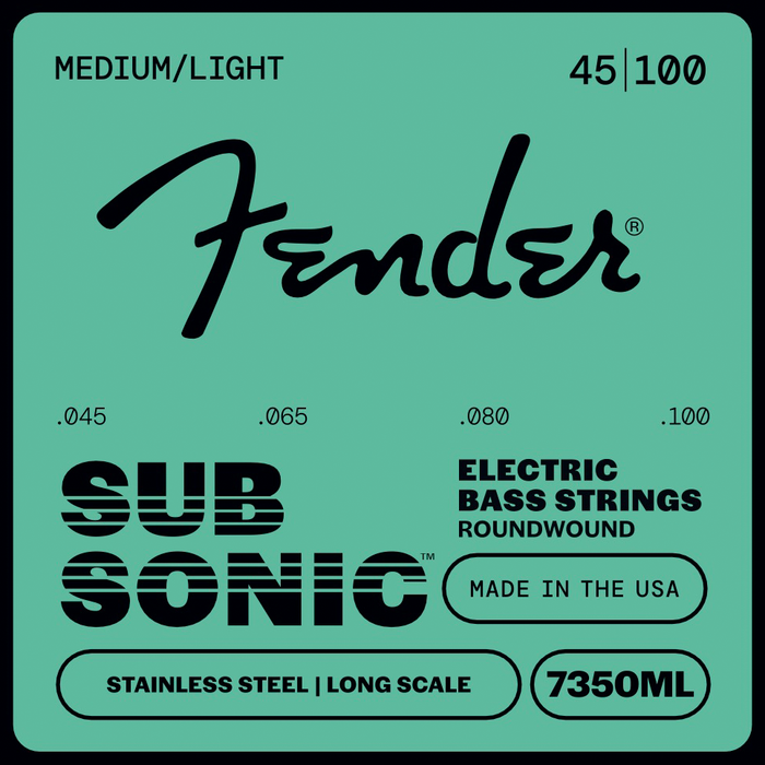 Fender Bass Strings, Stainless 7350's Bass Strings, Stainless Steel Roundwound, Long Scale, 7350ML .045-.100 Gauges, (4)