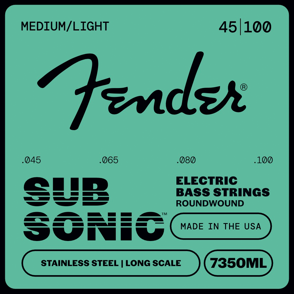 Fender Bass Strings, Stainless 7350's Bass Strings, Stainless Steel Roundwound, Long Scale, 7350ML .045-.100 Gauges, (4)