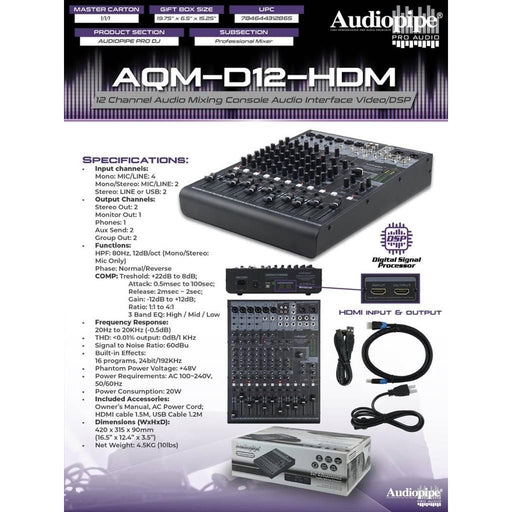 Audiopipe 12 Channel Mixer Audio Interface with HDM