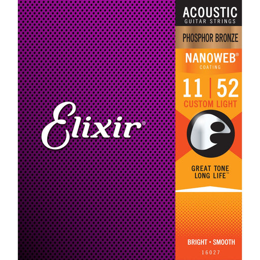 Elixir Strings Phosphor Bronze Acoustic Guitar Strings w NANOWEB Coating, Custom Light (.11-.52)