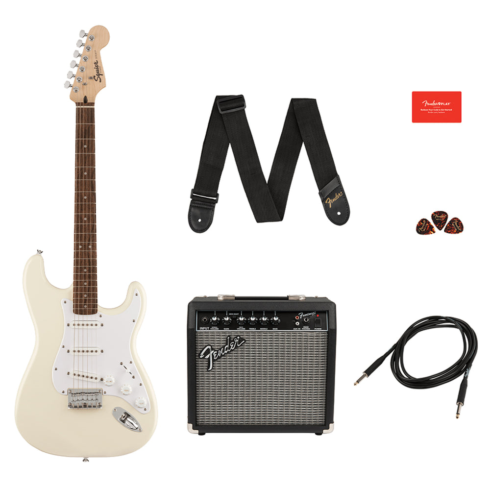 Fender Squier Stratocaster® HT Pack, Laurel Fingerboard, White Pickguard, Olympic White, Frontman® 10G - 120V