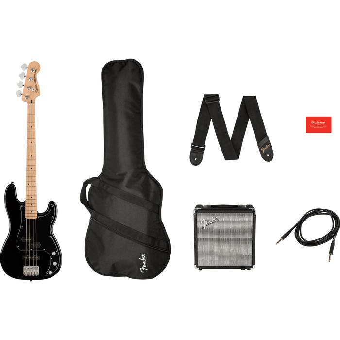 Squire Affinity Series™ Precision Bass® PJ Pack, Maple Fingerboard, Black, Gig Bag, Rumble 15 - 120V