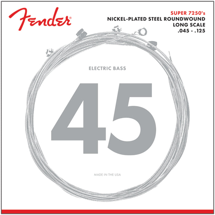 Fender 7250 Bass Strings, Nickel Plated Steel, Long Scale, 7250-5M .045-.125 Gauges, (5)