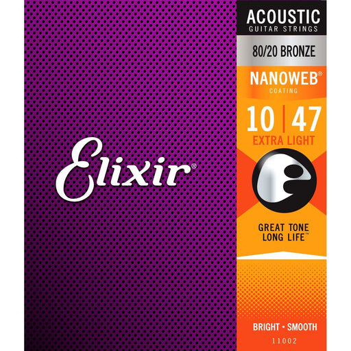 Elixir Strings 80/20 Bronze Acoustic Guitar Strings w NANOWEB Coating, Extra Light (.010-.047)