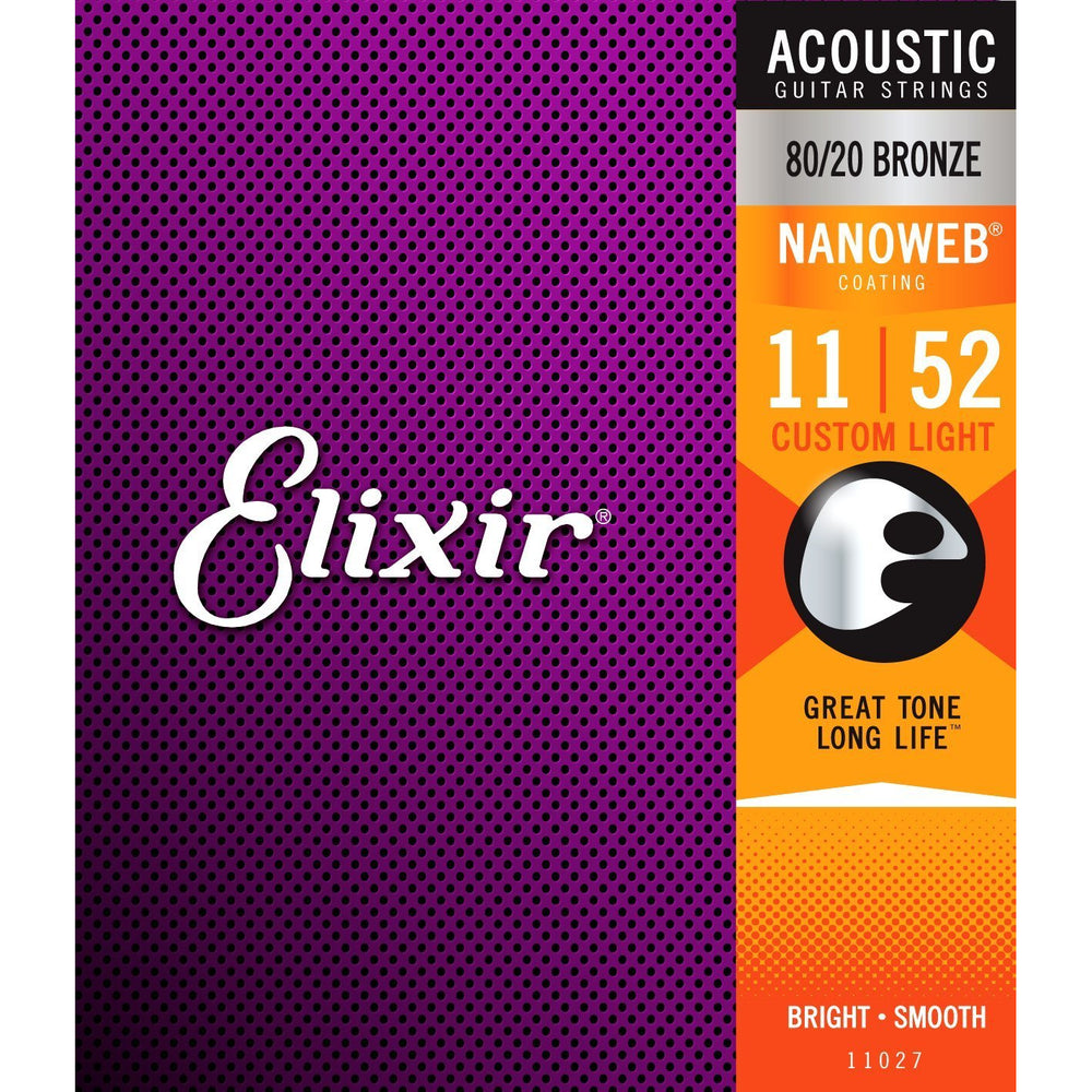 Elixir Strings 80/20 Bronze Acoustic Guitar Strings w NANOWEB Coating, Custom Light (.11-.52)