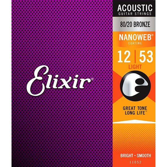 Elixir Strings 80/20 Bronze Acoustic Guitar Strings w NANOWEB Coating, Light (.12-.53)